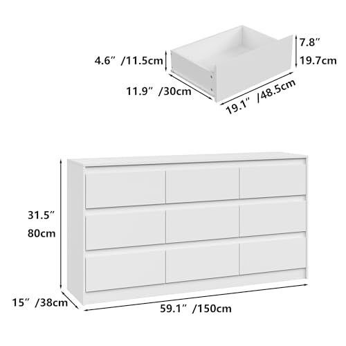 Furniouse Modern 9 Large Storage Drawers Dresser for Clothes Organizer, White Modern Chest of Drawers for Closet, 60" Long Drawer Organizer Cabinet for Bedroom,Living Room,Entryway,Hallway - size: 15"D x 59.1"W x 31.5"H (9 Drawers)