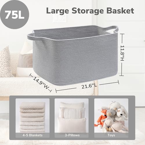 Goodpick Large Toy Basket for Blankets, Baby Laundry Basket, Storage Baskets for Organizing, Laundry Hamper for Dirty Clothes, Towel, Woven Rope Storage Baskets, 21.6" x 14.9" x 11.8", Gray - color: Grey, size: Large(21.6"L x 14.9"W x 11.8"H)