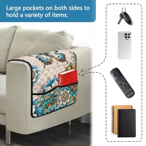 Boho Mandala Butterfly Print Sofa Armrest Organizer Scratch Proof Couch Arm Covers wirh Side Storage Pocket for Living Room Machine Washable Couch Chair Armrest Storage - color: Boho Mandala Butterfly