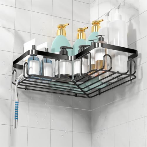 Moforoco Corner Shower Caddy Shelf Organizer Rack, Self Adhesive Black Bathroom Shelves Basket, Home Wall Shower Inside Organization and Storage Decor RV Accessories, First Apartment Essentials - color: Black