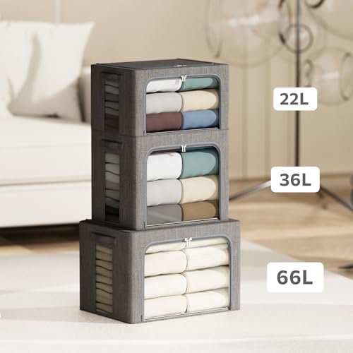 4 Pack Clothes Storage Bins with Metal Frame - 36L Stackable Storage Box with Lid，Foldable Storage Container Organizer for Clothes，Linen Fabric Storage Box with Clear Window＆Zippers＆Handles - color: Grey, size: 36L