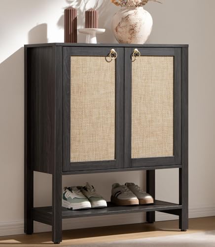 SICOTAS Rattan Shoe Storage Cabinet - 5 Tier Farmhouse Boho Shoe Storage Organizer Cabinet with Doors and Shelves, Tall Shoe Rack for Entryway, Hallway, Living Room, Closet (Obsidian) - color: Obsidian, size: 1 Piece