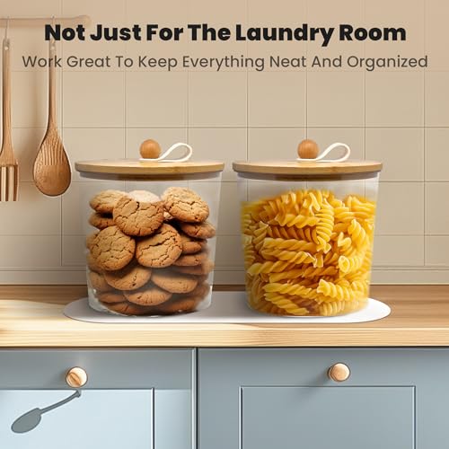 2 Pack Laundry Pods Container,Laundry Room Organization and Storage Jars,Laundry Detergent Container for Powder,Pods,Scent Booster,with Non-Slip PU Leather Pad and Handle,Bamboo Lids,Labels and Scoops - size: 6.4" x 6.5" x 6.5"