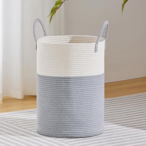 VIPOSCO Large Laundry Hamper, Tall Woven Rope Storage Basket for Blanket, Toys, Dirty Clothes in Living Room, Bathroom, Bedroom - 58L Grey & White - color: Grey, size: 58L
