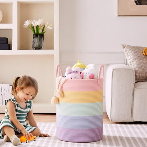 60L Laundry Hamper Basket for Baby Girls and Kids, Pastel Rainbow Unicorn Design, Woven Rope Nursery Basket for Blankets Toys in Playroom, 15Dx20H Inches Large Bedroom Hamper for Clothes - color: Pastel Rainbow, size: Large (60L)