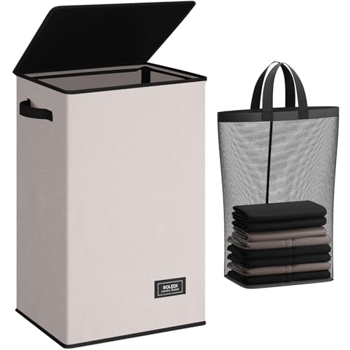 SOLEDI Laundry Hamper with Lid 90L Large & Tall Collapsible Laundry Basket, Clothes Hamper with Bag Removable Easy to Carry, Dirty Hampers for Bedroom, Bathroom, Dorm, College, Light taupe - color: Light taupe, size: 90L