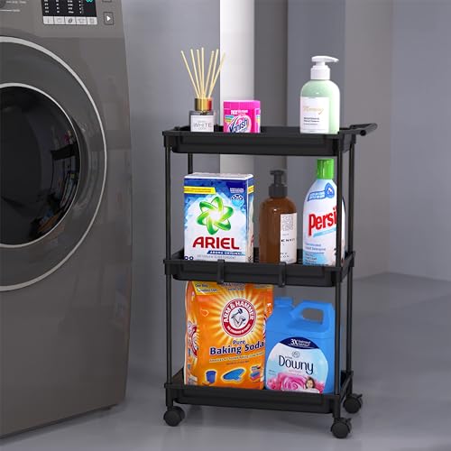SimpleHouseware Standard 3-Tier Slim Rolling Storage Cart, Black - color: Black