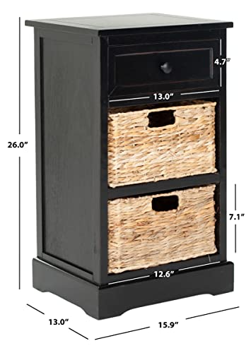 SAFAVIEH Home Collection Carrie Distressed Black/ Natural Wicker 3-Drawer Storage Nightstand Side Table (Fully Assembled) - color: Distressed Black