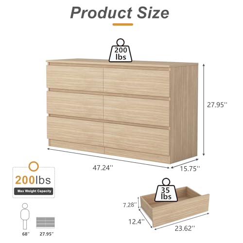 Spaco 6 Drawer Dresser for Bedroom,Modern Deep Drawer Dresser with No-Handle Design,Storage Wood Chest of Drawer,Storage Organizer Furniture for Closet,Hallway - color: Oak, size: 6 Drawers
