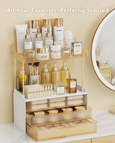 Anylady Bathroom Organizers and Storage, Makeup Organizer (Sturdy Durable Attractive), Ideal for Vanity, Countertop, Counter, Perfume, Skincare, Cabinet, Cosmetic, Dresser Organizer (Gold) - color: Gold