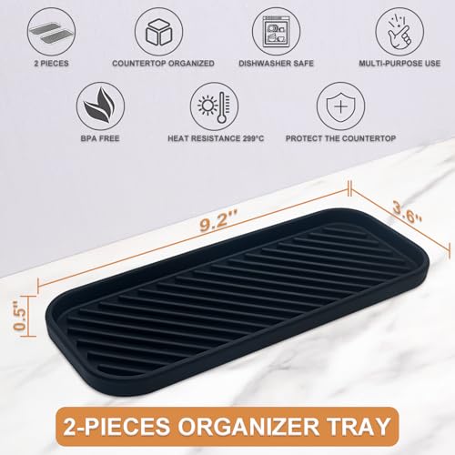 Silicone Organizer Tray, Soap and Sponge Holder for Kitchen Sink, Bathroom - Storage Tray for Dish Brush, Soap Dispenser, Dishwashing Accessories- 2 Pack (Black) - color: Black, size: 9.2 x 3.6 x 0.5 inches