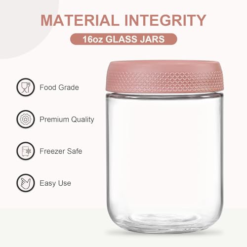 NETANY 6-pack 16oz Glass jars with Airtight Lids, Overnight Oats Containers with Lids, Wide mouth Mason Salad jars, Glass Food Storage Containers for Snacks Yogurt Spice Sugar-Pink - color: Pink-6pack-16oz