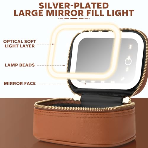 Mini Makeup Bag with Led Mirror, Small Travel Make up Bag 3 Light Modes Adjustable Brightness, for Women Organizer Cosmetic Bag, Portable Travel Train Toiletry Bag, for Pool Parties Work Touch-Ups - color: Brown
