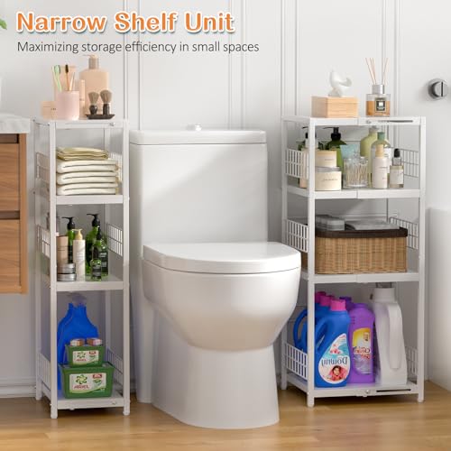 4 Tier Expandable Slim Storage Shelf, Metal Shelving Unit for Bathroom Storage Organizer, Freestanding Narrow Shelf for Small Spaces, Open Floor Shelves for Bathroom, Laundry Room, Kitchen,White - color: White, size: 4-tier