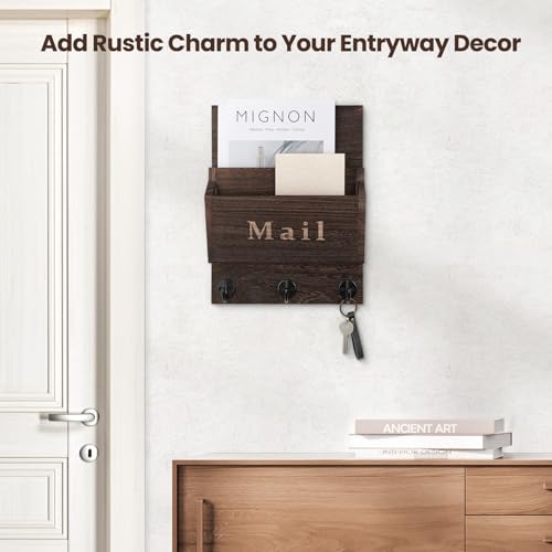 Mail and Key Holder - Decorative 9.8" x 12.5" Wall Key Hanger with 2 Mail Organizer Slots and 3 Hooks - Real Paulownia Wood with Keyhole Brackets, Hardware and Instructions (Brown) - color: Brown