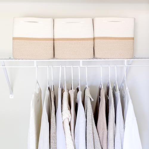 NaturalCozy Storage Cubes 11 Inch Cotton Rope Woven Baskets for Organizing, 3-Pack | Cube Storage Bin | Square Storage Baskets for Shelves Organizer, Classroom, Kids Toy Bins, Closet, Baby Nursery - color: Off White & Tan Brown & Mixed Tan Brown