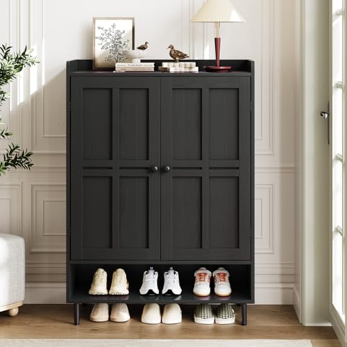 ComfyCorner Black 7+1 Tier Farmhouse Shoe Storage Cabinet - 45" Tall Entryway Organizer with Cross Molding Doors, 3 Adjustable Shelves & Metal Legs, Shoe Rack for Front Door Entrance - color: Black