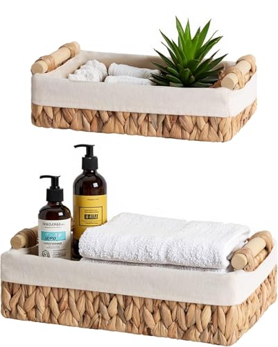 Set of 2 Water Hyacinth Bathroom Basket Organizers with Liner, Wicker Storage Baskets for Shelves, Bathroom Counter & Vanity, Wooden Handles for Towels & Toiletries - color: Water Hyacinth