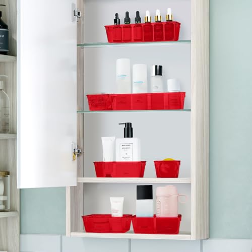 WOWBOX 25 PCS Plastic Drawer Organizer Set, 4 Sizes Desk Drawer Divider Organizers and Storage Bins for Makeup, Jewelry, Gadgets for Kitchen, Bedroom, Bathroom, Office, Clear Red - color: Red