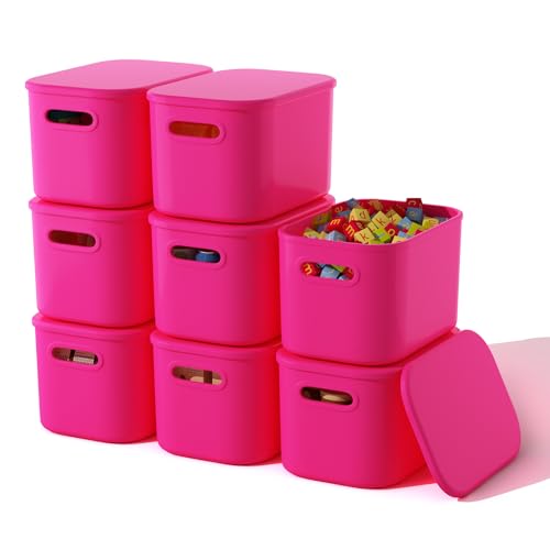 ORGIDOL 8 Pack Pink Storage Bins with Lids Stackable Storage Container for Organizing, Storage Boxes with Handle for Shelves, Cute Storage Bin for Craft, Snacks, 9.85x6.9x5.7 inch - color: Bright Pink, size: 8 Pack