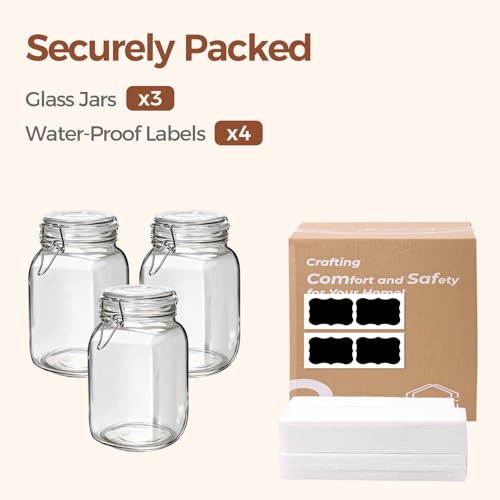 ComSaf Set of 3 Square Glass Jars with Airtight Lids (51 Oz), Wire Clamp Canisters for Pickling, Kombucha & Bulk Food, Wide Mouth Canning Jars for Space Saving Kitchen & Pantry Organization - size: 51oz*3