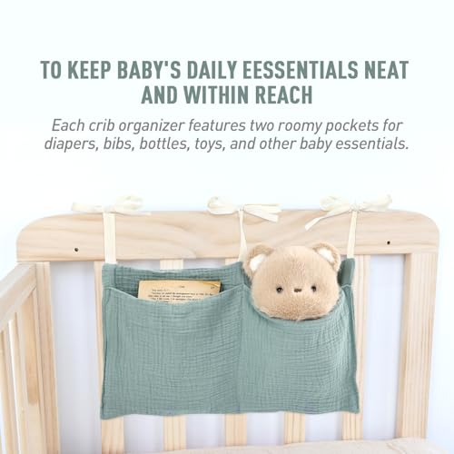 Cinaci 2pcs Cotton Pram Stroller Caddy Baby Crib Hanging Organizers Storage Pockets Nappy Diaper Bags Bedside Pockets for Milk Bottle/Soothing Toys/Wipes (Green Set) - color: Green and Blue Set