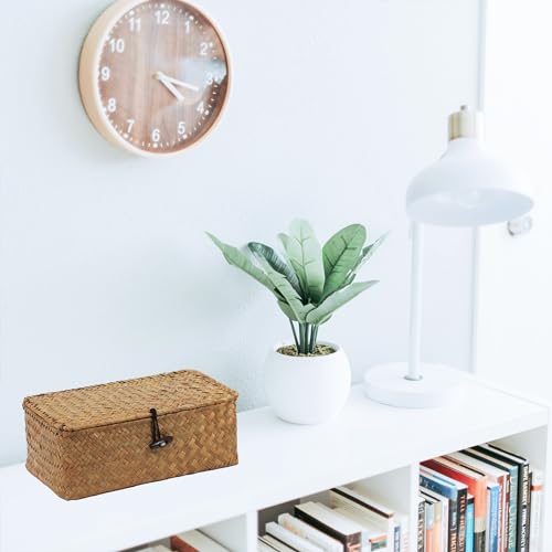 Wicker Storage Basket with Lid, Natural Seagrass Storage Baskets for Organizing, Rectangular Woven Basket for Storage, Decorative Boxes Bins with Lids Home Organizer Decor - size: 9.05" x 5.11" x 3.34"