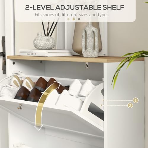 HOMCOM Slim Shoe Cabinet for Entryway, Modern Hidden Shoe Storage Cabinet with 2 Flip Drawers and Adjustable Shelves for 8-12 Pairs of Shoes, White - color: White, size: 23.6" x 9.3" x 31.5"
