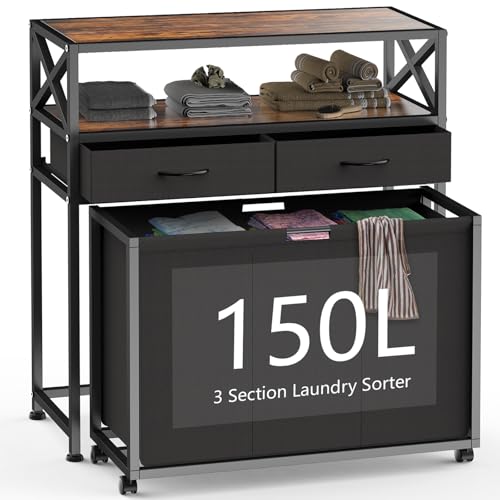 Laundry Hamper 3 Section, 150L Rolling Laundry Sorter Basket with 2 Shelves and 2 Drawers, 3 Compartment Clothes Organizer Cart with Wheels, Pull-Out Bags for Laundry Room, Bathroom, Bedroom - color: Black, size: 150L