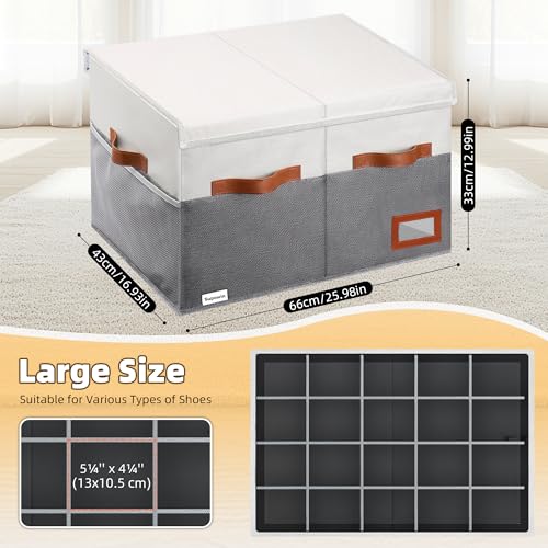 Supowin Shoe Organizer for Closet, Foldable Shoe Storage Bins with Lid & Adjustable Dividers, Fabric Shoe Box Storage Containers with Four Reinforced Handles, Fits 20 Pairs, 1 Pack, Grey - color: Grey, size: 26"L x 17"W x 13"H