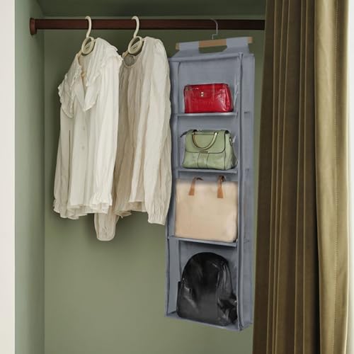 HAN SHENG 4 Grids Hanging Purse Handbag Organizer with Zippers Clear Hanging Closet Bag Organizer Tote Bag Purse Storage Holder Over The Door Space Saving Organizers (Grey)