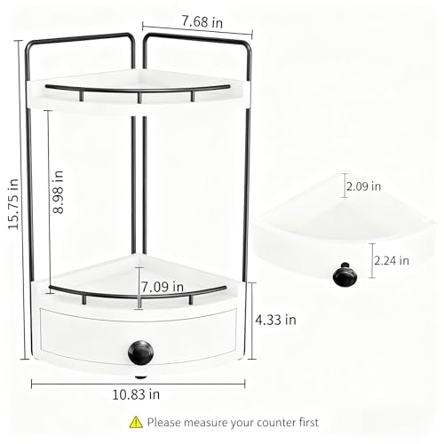 2-Tier Corner Bathroom Counter Organizer with Drawer & Embedded Screw Holes - Wooden Countertop Organizers for Skincare, Makeup Storage, Bathroom Sink Counter Shelf for Vanity, White - color: White