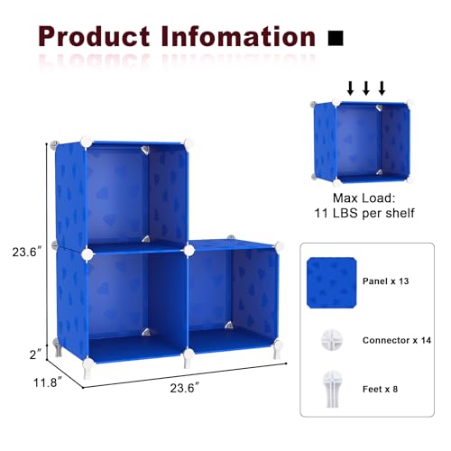 UNKU Cube Storage Organizer, 3 Cube Closet Organizer Storage Shelves, DIY Stackable Bookcase, Clothes Organizer Shelf for Closet, Bedroom, Living Room, Cabinet, Home, Office, Blue - color: Blue, size: 3cube