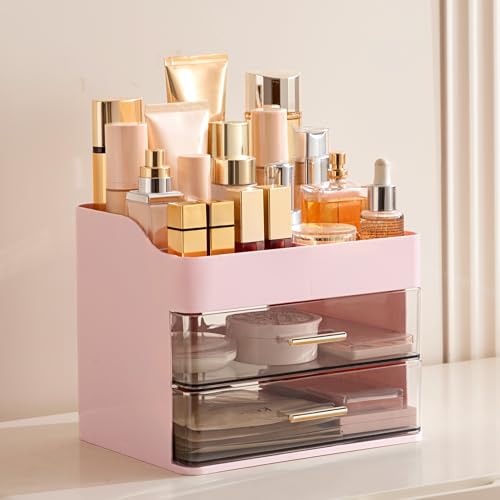 HBlife Makeup Organizer for Vanity with 2 Drawers, Large Plastic Bathroom Countertop Cosmetics Organizer Skin Care Storage, Easy to Store Lipsticks, Nail Polishes, Perfumes, Eyeshadow Palettes, Pink - color: Pink