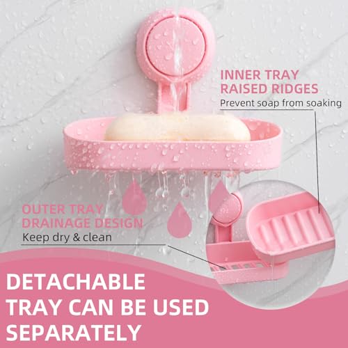 LEVERLOC Soap Dish Holder for Shower Suction Cup Wall Mounted Self Draining NO-Drilling Removable Bar Soap Sponge Holder for Bathroom Bathtub Kitchen Sink Waterproof Strong Vacuum Suction, Pink - style: 1 tier Pink