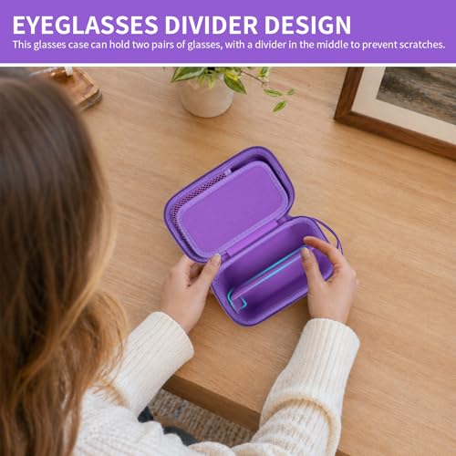 GWCASE Travel Glasses Organizer & Contact Lens Case - Adjustable Slots, Built-in Mirror, Tweezers, Solution Bottle & Hand Strap, Universal Fits Eyelasses/Sunglasses for Men & Women – Purple - color: Purple