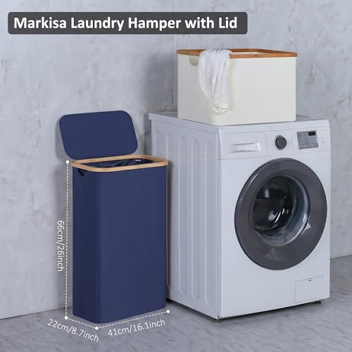 Slim Laundry Basket,60L Laundry Hamper with Lid, Tall Hamper for Laundry,Dirty Cloth Hamper with Bamboo Handle for Toys,Towels, Clothes Organizing, Navy Blue - color: Blue, size: 60L Slim