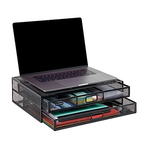 Mind Reader Monitor Stand, Ventilated Laptop Riser, Storage Drawer, Office, Metal Mesh, Black
