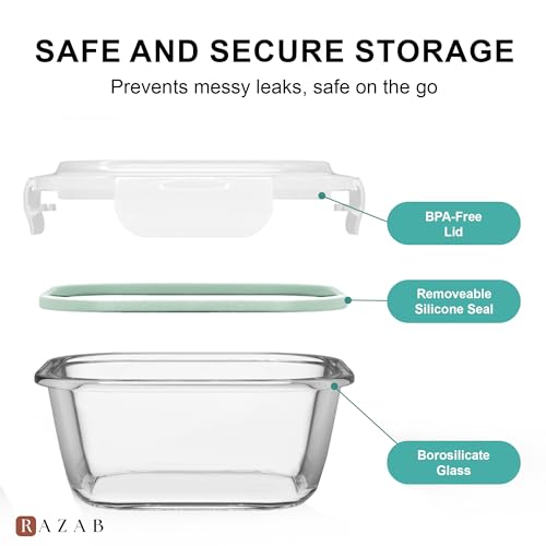 Razab 6 PC Square Glass Food Storage Containers with Airtight lids (74, 40 & 18 oz) Kitchen Glass Meal Prep Containers Set for Freezer Reusable Leftover Lunch Boxes, Oven, Microwave, Dishwasher Safe