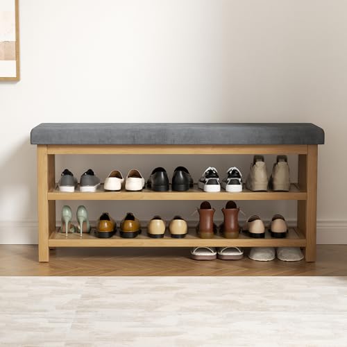 2 Tier Shoe Rack Bench with Cushion, Rubberwood Shoe Benches, Mid-Century Modern Shoe Storage Bench for Entryway, Hallway, Living Room, Closet, Front Door Entrance, Dark Grey - color: Dark Grey