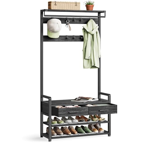 VASAGLE Hall Tree with Bench and Shoe Storage, Entryway Coat Rack with Shoe Bench, 2 Fabric Drawers, 10 Hooks, 11.8 x 31.7 x 71.5 Inches, Stone Gray and Ink Black UHSR429B04 - color: Stone Gray + Ink Black