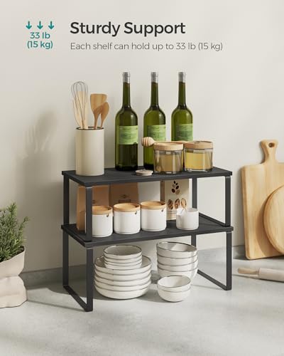 SONGMICS Cabinet Organizer Shelf, Set of 4 Kitchen Counter Shelves, Kitchen Storage, Spice Rack, Stackable, Expandable, Metal and Engineered Wood, Ink Black and Ebony Black UKCS028B01 - color: Ink Black + Ebony Black, size: 15.6"W