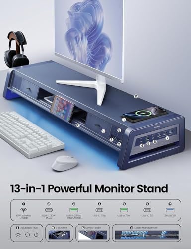 Vaydeer All-in-One Dual Monitor Stand Riser with 2 Drawers, 8USB Ports and Wireless Charging Pad with LED Light Strip for 2 Monitors , Desk Organizer for PC, iMac (Metal, 39.3 inches)-Black - color: Black