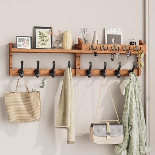 Evermagin 35" Coat Rack Wall Mount with Shelf, 4 in 1 Wall Mounted Coat and Key Hanger with 13 Hooks, Entryway Key Holder with Mail Holder for Living Room, Bedroom - color: Brown, size: 35 Inch