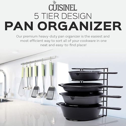 Cuisinel Heavy Duty Pots and Pans Organizer Rack - 12.2"-Inch Tall - 5 Tier Rack - Holds 50 LB - Cast Iron Skillets, Griddles, Shallow Cookware - Space Saving Kitchen Storage - No Assembly Required - color: Black, size: 12"