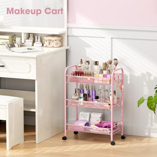 TOOLF 3 Tier Rolling Cart Pink - Metal Storage Organizer with Wheels, 33 lbs Shelf Capacity, Easy 5-Min Assembly, for Girls Room Bathroom Kitchen Office Nursery, Compact Design for Small Spaces, Pink - color: Pink, size: 3-Tier