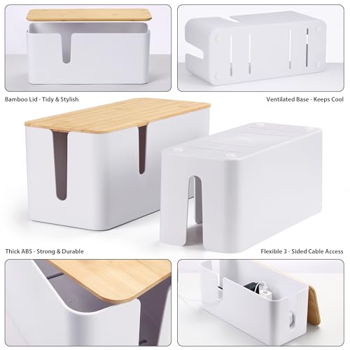 ZhiYo Bamboo Lid Cord Organizer Box, 2Pack Large Cable Management Box, Safe ABS Wire Organizer for TV and Computer, Wood Cover Cord Hider to Hide Wires, USB Hub & Under Desk Power Strip, White - color: White, size: XL + L