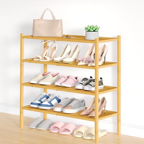 Smiry Bamboo Shoe Rack, 4 Tier Shoe Organizer for Entryway & Closet, Stackable Free Standing Storage Shelf for Shoes, Bags & Plants, Natural - color: Natural, size: 4 Tier-Regular
