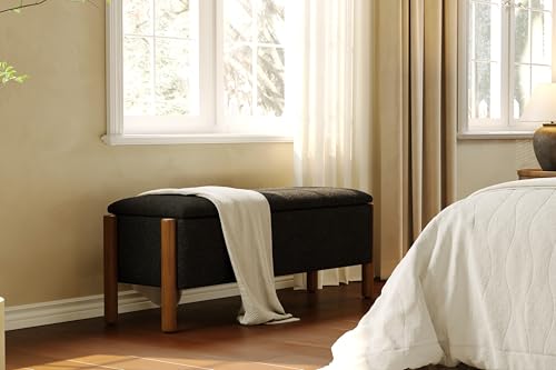 Modern Storage Benches with Walnut Wood Legs, 47'' Ottoman Bench with 20 Gallons Storage Space for Bedroom End of Bed, Fabric Upholstered Entryway Bench with Seating for Livingroom, Black - color: Black