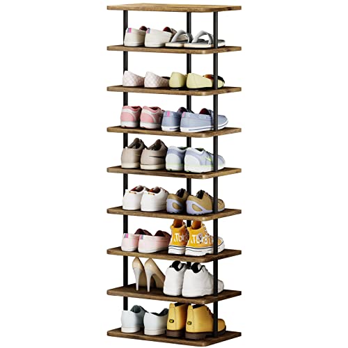 AZERPIAN Shoe Rack 9 Tier Vertical Storage Organizer Double Row Narrow Metal Slim Shelf Modern Free Standing Shoe Tower Saving Space for Closet Entryway Bedroom,Black+Rustic Brown - color: Black+rustic Brown, size: 9 Tier-Double Row